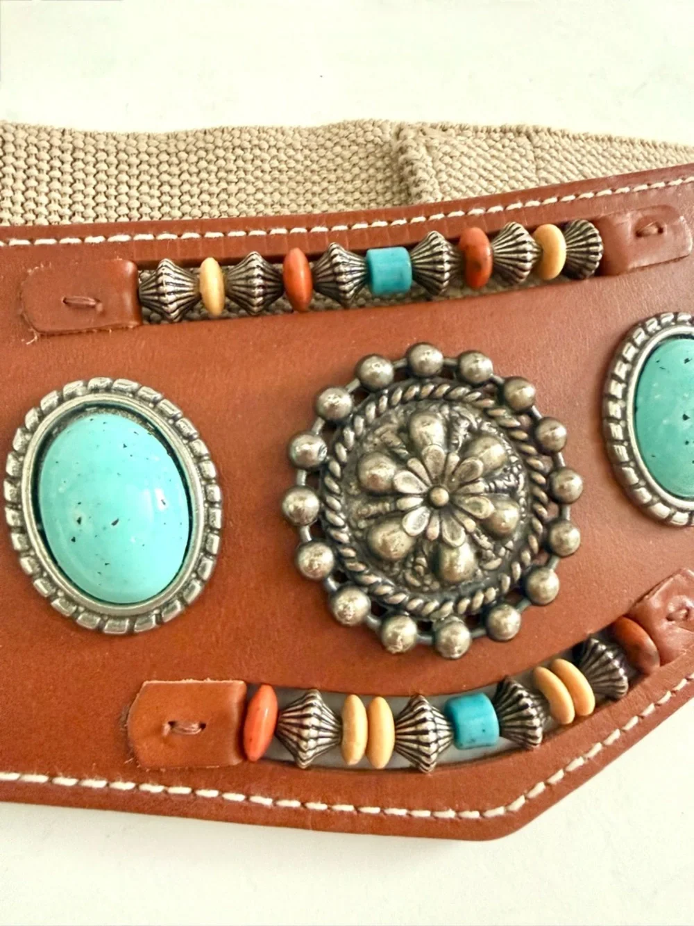 Patricia Green Details Vintage Belt Beaded Silver Turquoise Boho Woven Leather
